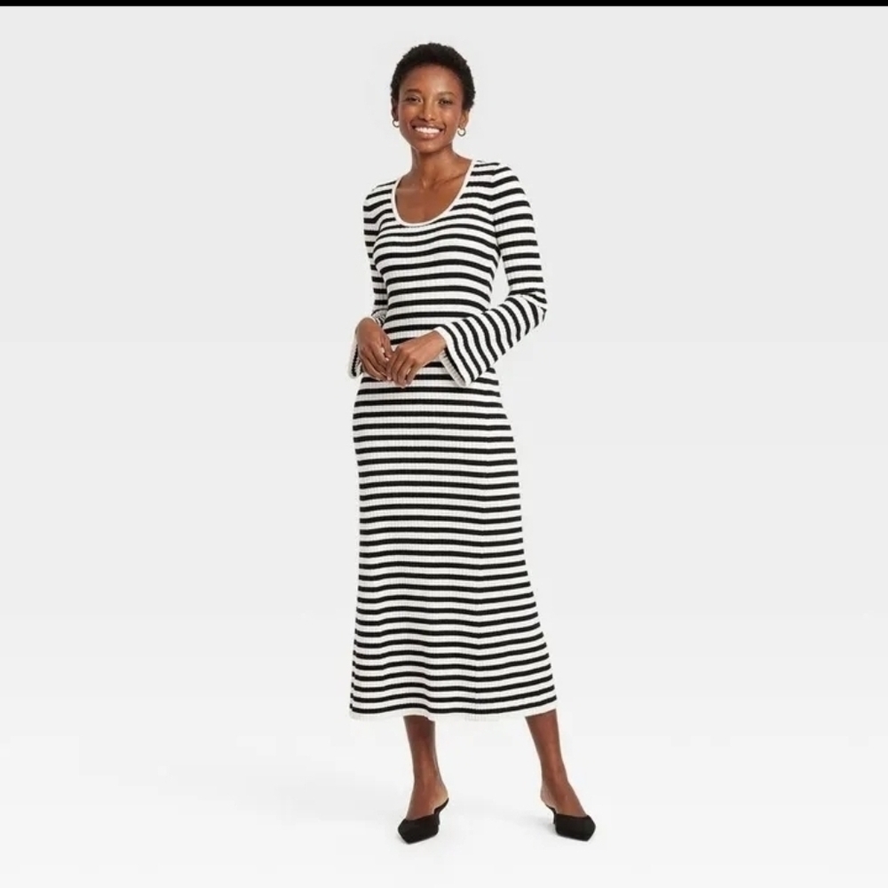 A New Day Women's Long Sleeve Maxi Sweater Dress Black/White Striped